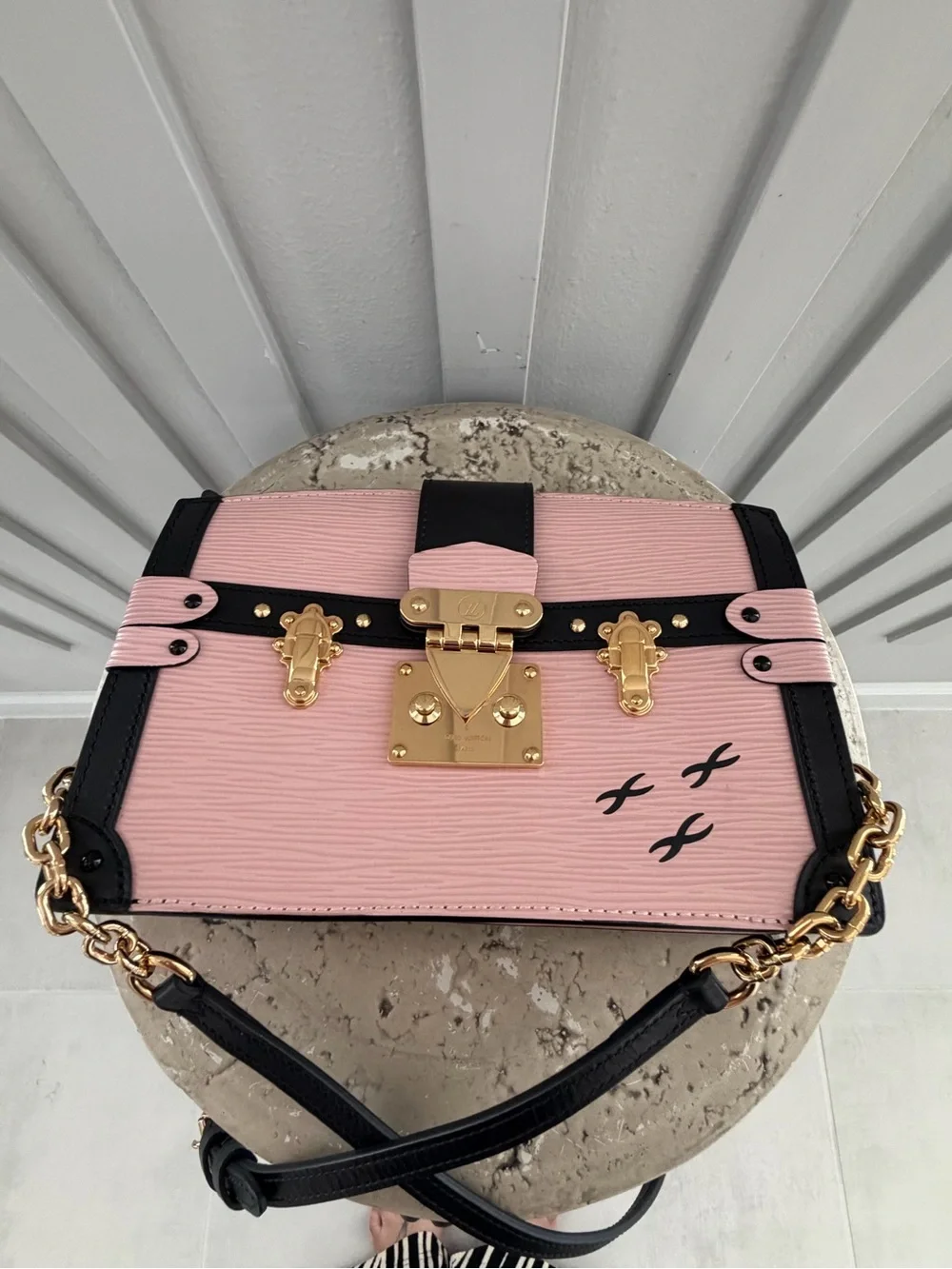 Authentic Louis Vuitton M53191 Petite Malle Clutch/Crossbody Black and Rose Pink